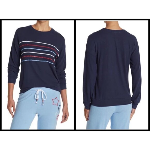 💕PJ SALVAGE💕 Long Sleeve Pajama Top Navy Blue Striped Loungewear XL NWT - Picture 1 of 12